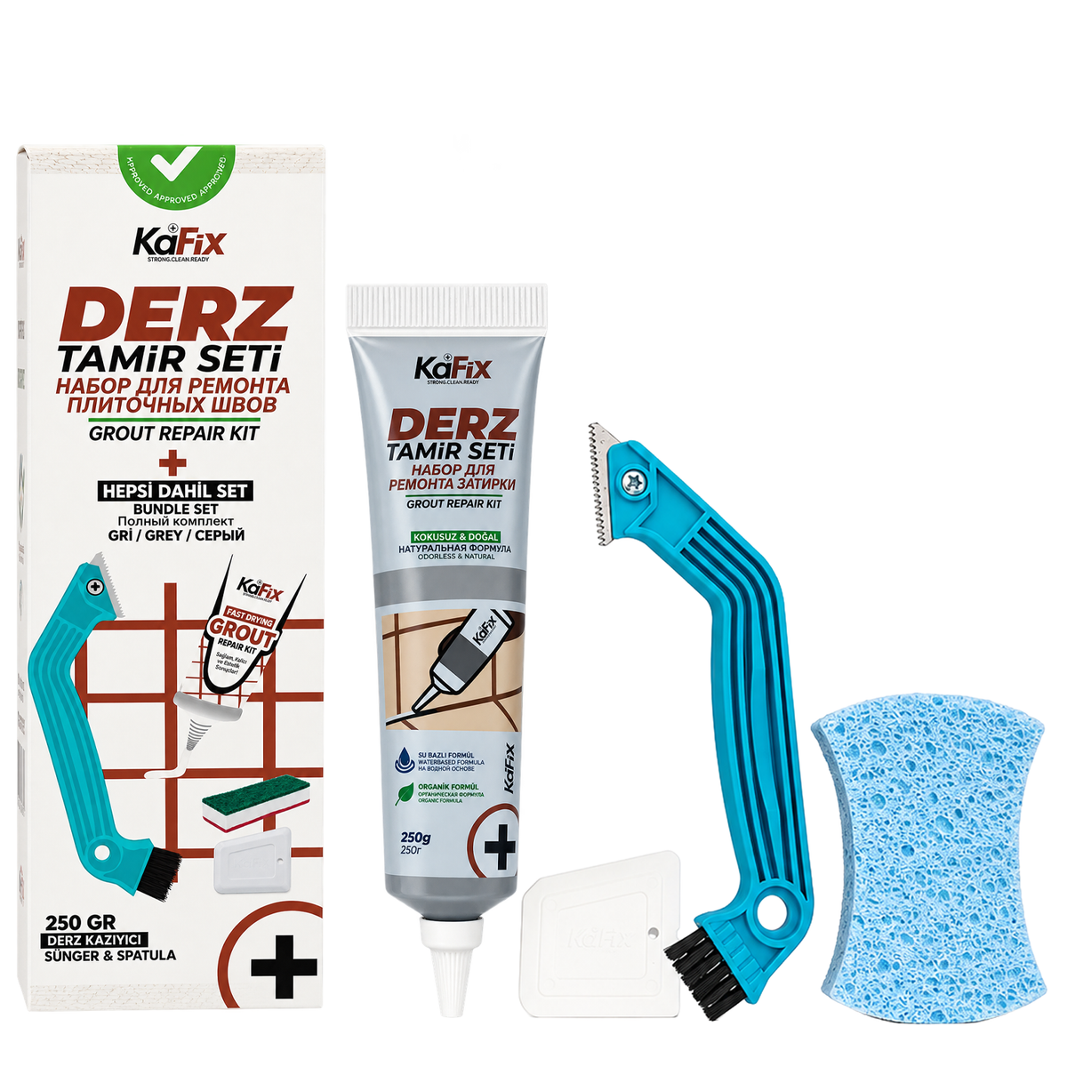 Gri Set Fayans Derz Tamir Kiti - 250gr Derz Dolgu, Derz Sökme Aleti, Sökme Testeresi ve Sünger ile Birlikte
