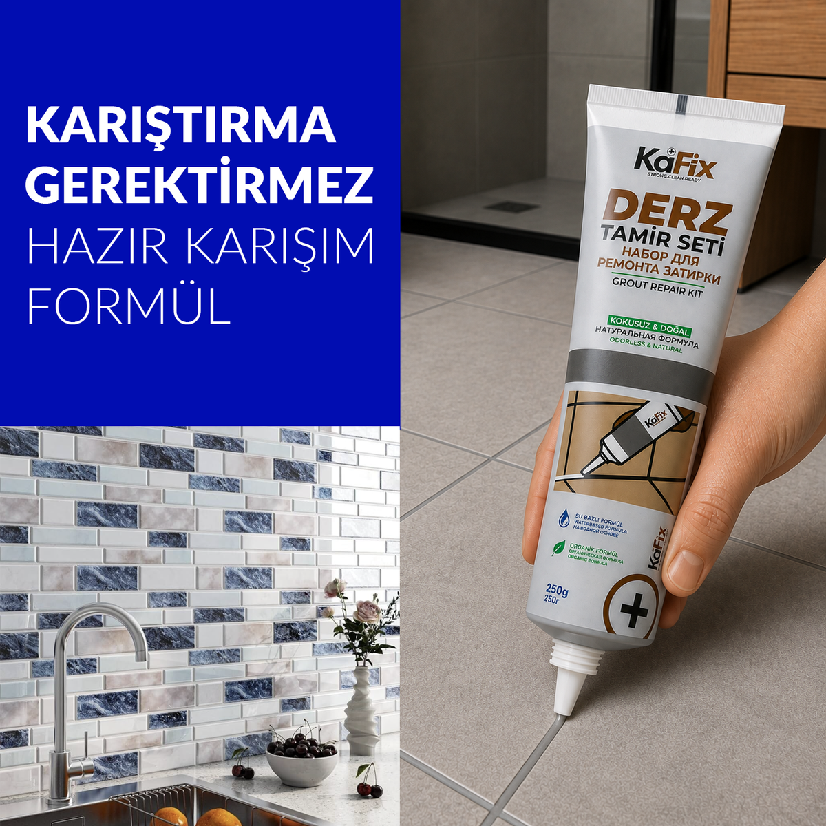 Gri Set Fayans Derz Tamir Kiti - 250gr Derz Dolgu, Derz Sökme Aleti, Sökme Testeresi ve Sünger ile Birlikte