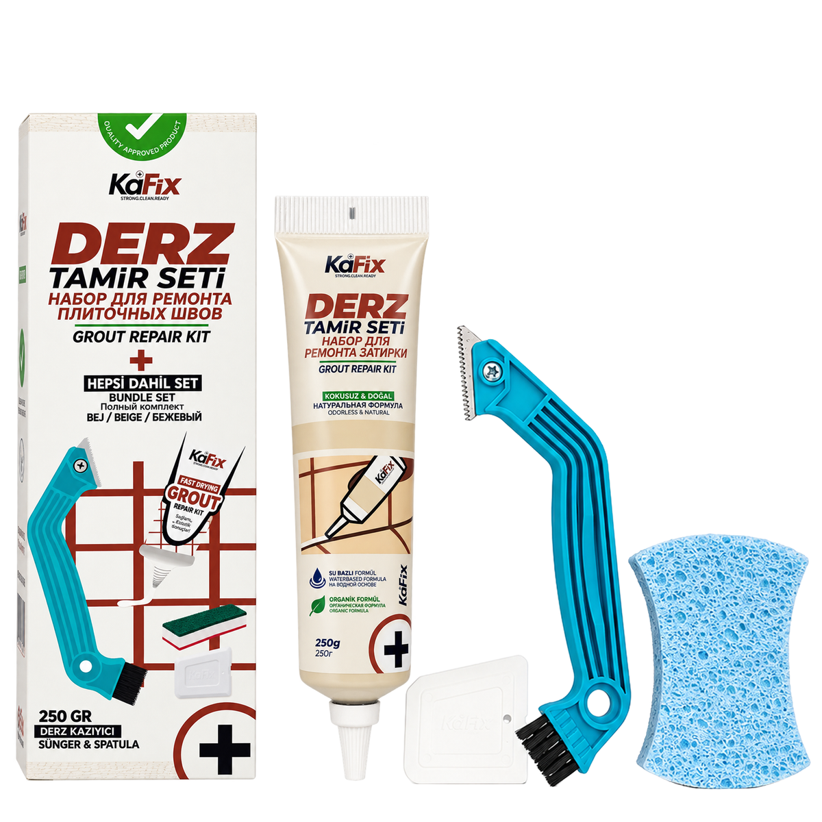 Bej Set Fayans Derz Tamir Kiti - 250gr Derz Dolgu, Derz Sökme Aleti, Sökme Testeresi ve Sünger ile Birlikte